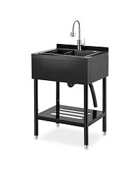 Gaomon Freestanding Stainless Steel Utility Sink Single Bowl with Pull-Out Hot and Cold Faucet Shelf and Drain Basket