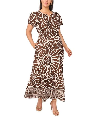 Msk Plus Printed Split-Neck Tiered Cotton Maxi Dress
