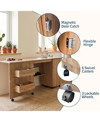 Gaomon Large Folding Sewing Table with Storage Shelves, Rolling Sewing Machine Table, Wooden Craft Station with Lockable Wheels for Small Spaces, Home