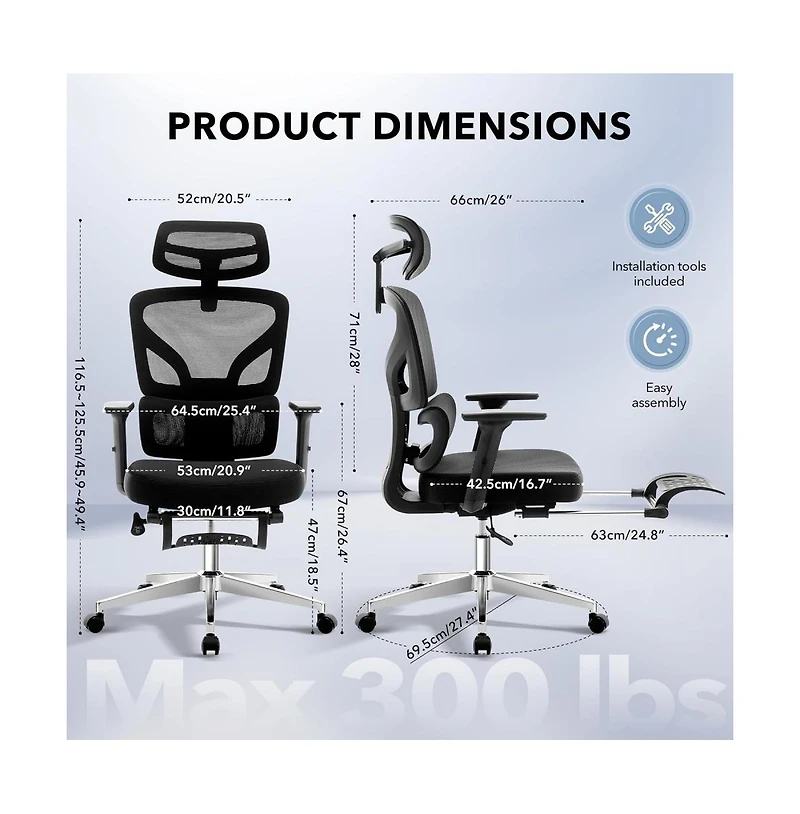 Gaomon Ergonomic Mesh Office Chair with 3D Adjustable Headrest Armrest and Retractable Footrest