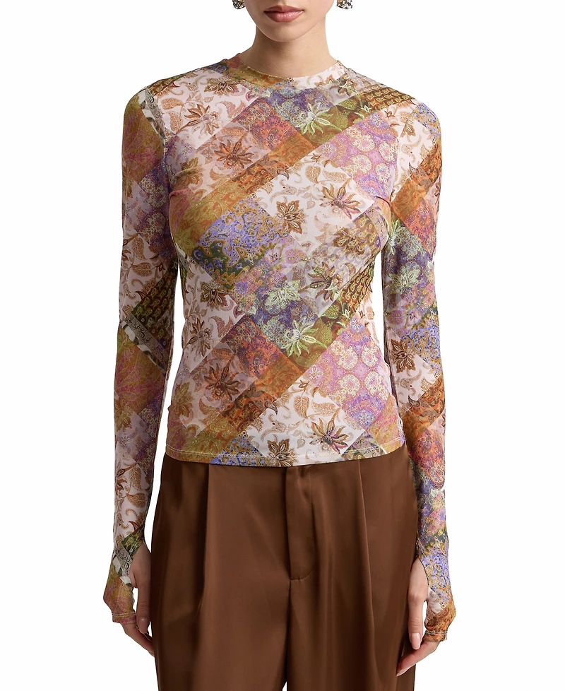 Avec Les Filles Women's Printed Long-Sleeve Mesh Top