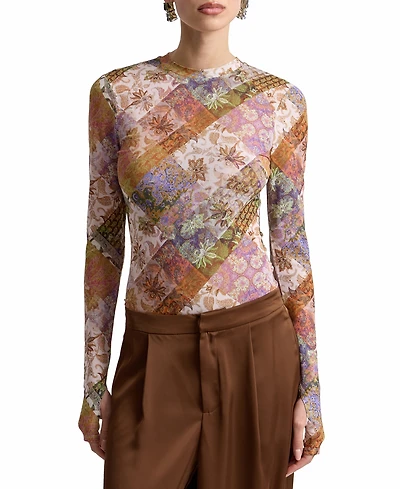 Avec Les Filles Women's Printed Long-Sleeve Mesh Top