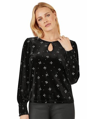 Yumi Women's Sparkle Bow Print Velvet Top
