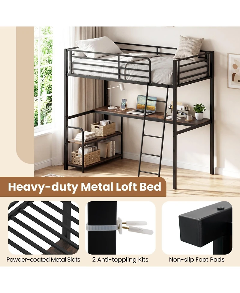 Slickblue Twin Loft Bed with Built-In Desk and Storage Shelves, Ideal for Kids