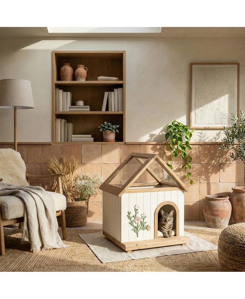6thdruple Modern Pet House with Clear Roof and Wood Frame