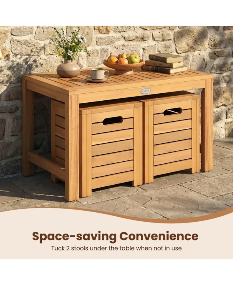 Yiortwo 3-Piece Acacia Wood Patio Coffee Table Set with Storage Stools