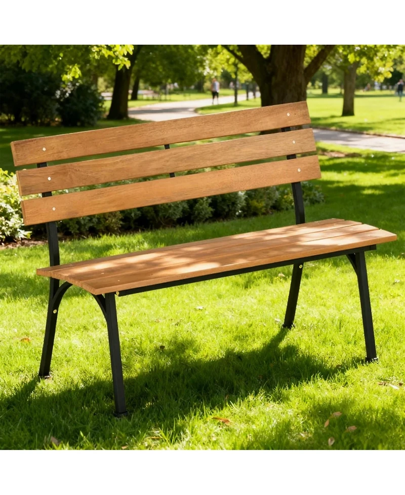 Yiortwo Acacia Wood Outdoor Bench with Metal Frame, 2-Person Patio Bench