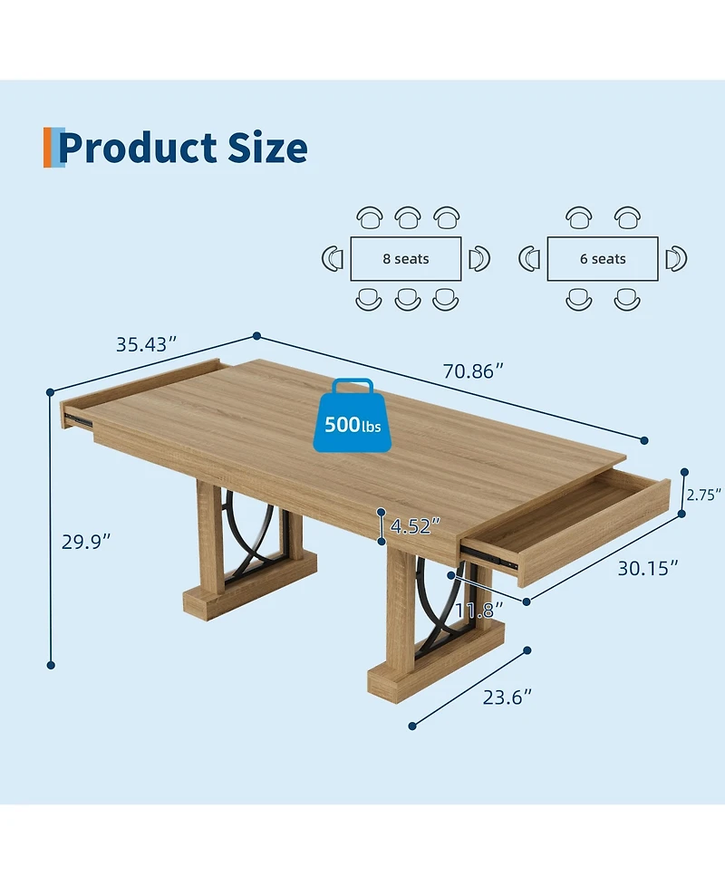 gaomon 71-Inch Kitchen Dining Table for 6-8 with 2 Drawers, Double Pedestal, for Kitchen, Office, Natrual