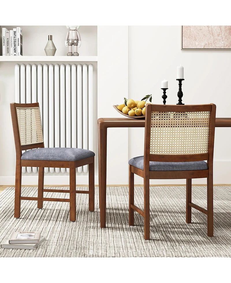 Gymax Rattan Dining Chair Rubber Wood Frame Linen Fabric Padded Seat