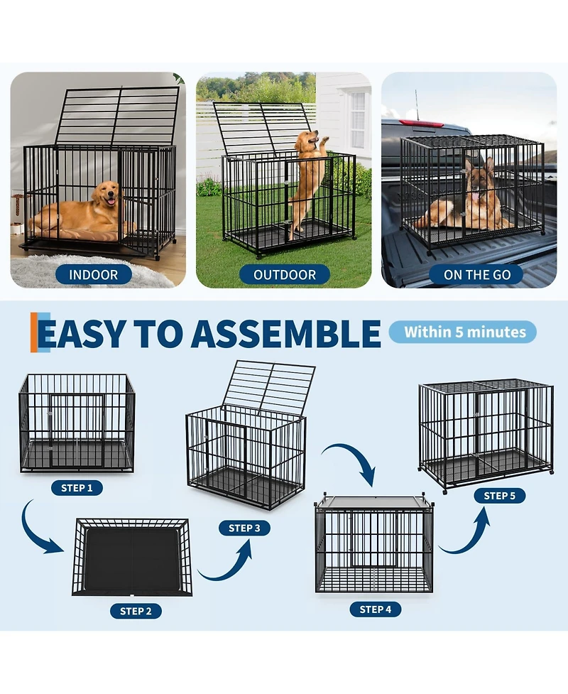 Gaomon heavy-duty escape-proof dog crate, steel, chew-resistant, double door, lockable wheels, indoor/outdoor for large breeds.