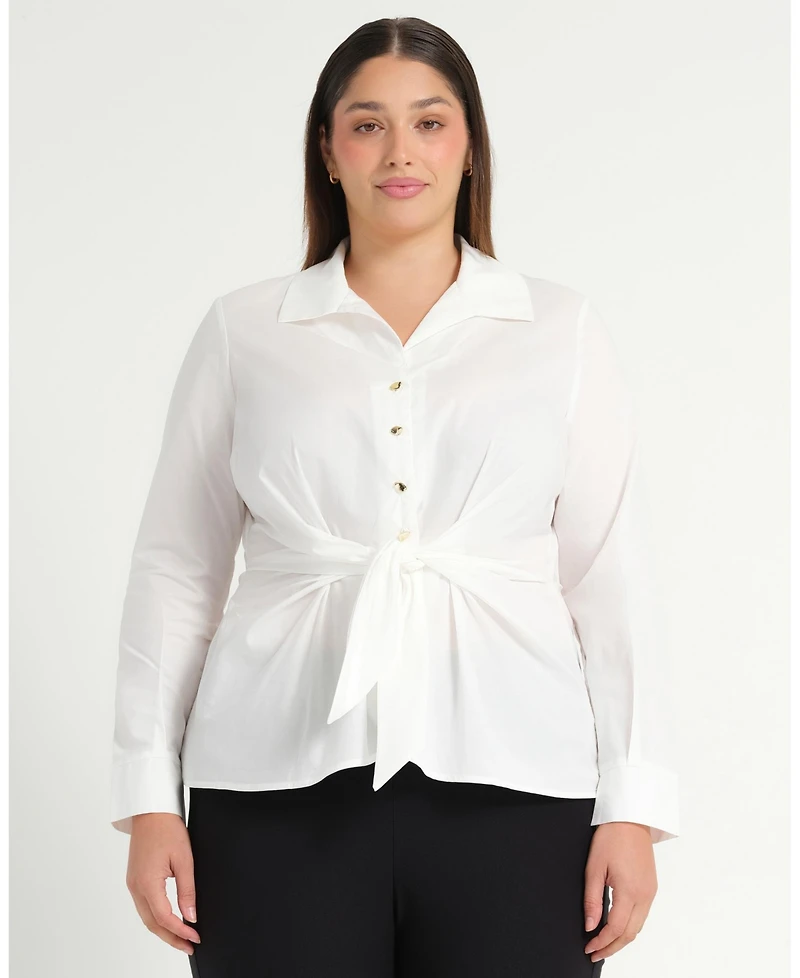 Estelle Plus Size Leo Collared V-Neck Button Tie-Front Shirt