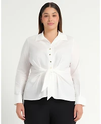 Estelle Plus Size Leo Collared V-Neck Button Tie-Front Shirt