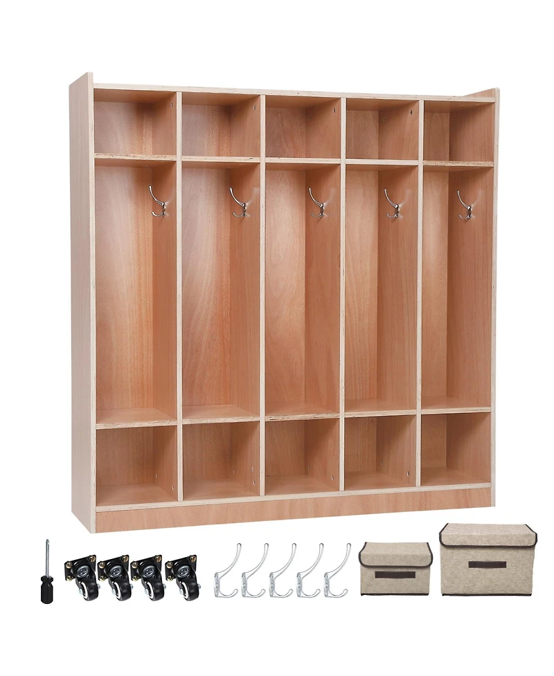 homfan 5-Section Wooden Coat Locker and 10 Storage Cubbies, Casters and Storage Boxes, Mobile Cabinet for school or Home