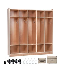 homfan 5-Section Wooden Coat Locker and 10 Storage Cubbies, Casters and Storage Boxes, Mobile Cabinet for school or Home