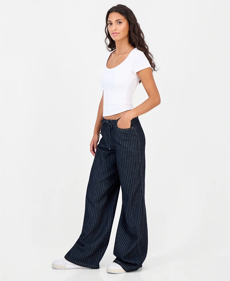 Vanilla Star Juniors' Striped Wide-Leg Pull-On Jeans