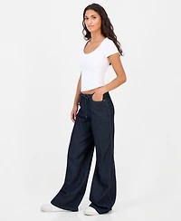 Vanilla Star Juniors' Striped Wide-Leg Pull-On Jeans