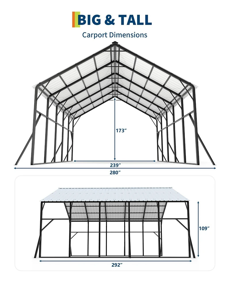 Homfan 20 x 25 Ft Vertical Rib Metal Carport Garage for Cars Trucks RVs, Heavy Duty Galvanized Steel Shelter