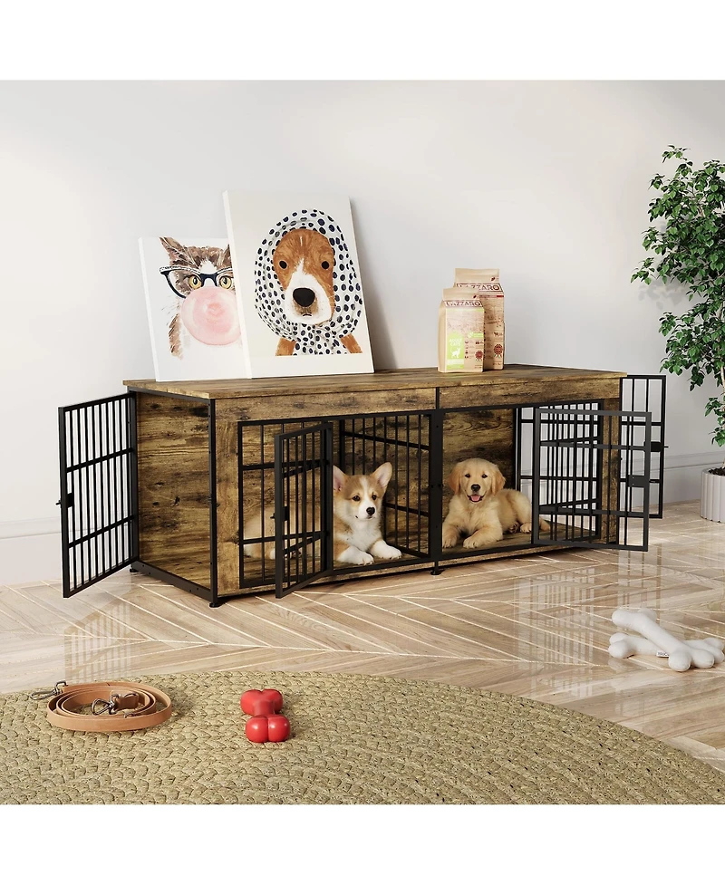 gaomon Double Dog House Furniture - Heavy Duty Wooden Indoor Kennel Tv Stand with Divider Spacious End Table Crate for 2 Medium or Large Dogs