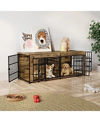 gaomon Double Dog House Furniture - Heavy Duty Wooden Indoor Kennel Tv Stand with Divider Spacious End Table Crate for 2 Medium or Large Dogs