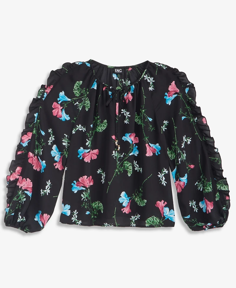 I.n.c. International Concepts Women's Petite Ruffle Floral-Print Long-Sleeve Blouse, Macy's Exclusive