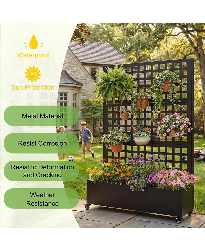 Streamdale Furniture Metal Raised Garden Bed with Wheels, Trellis, and Privacy Screen, 73"x47"x16