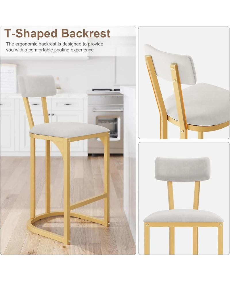 homfan Set of 8 Gold Bar Stools Counter Height Upholstered Curved Back Metal Frame Stools for Kitchen or Dining Room