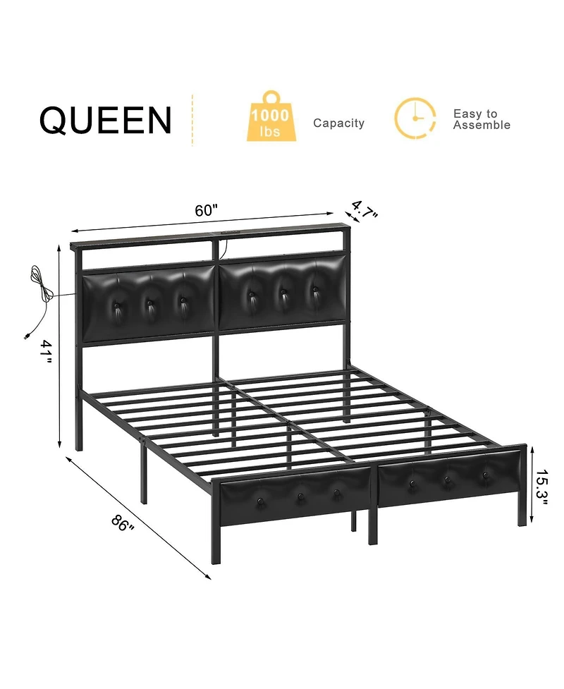 Hausource Queen Bed Frame with Storage Headboard & Charging Station Platform Bed No Box Spring Needed