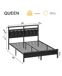 Hausource Queen Bed Frame with Storage Headboard & Charging Station Platform Bed No Box Spring Needed