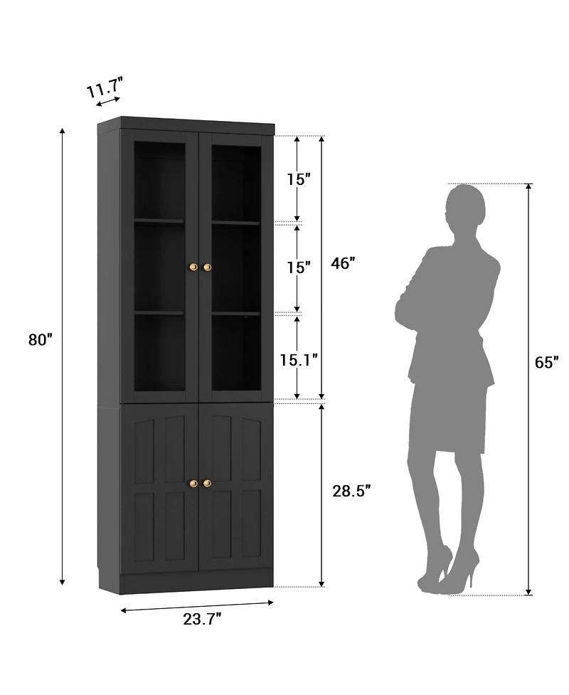 Aheaplus Storage Cabinet with Glass Doors, Wooden Bookcase with Shelves