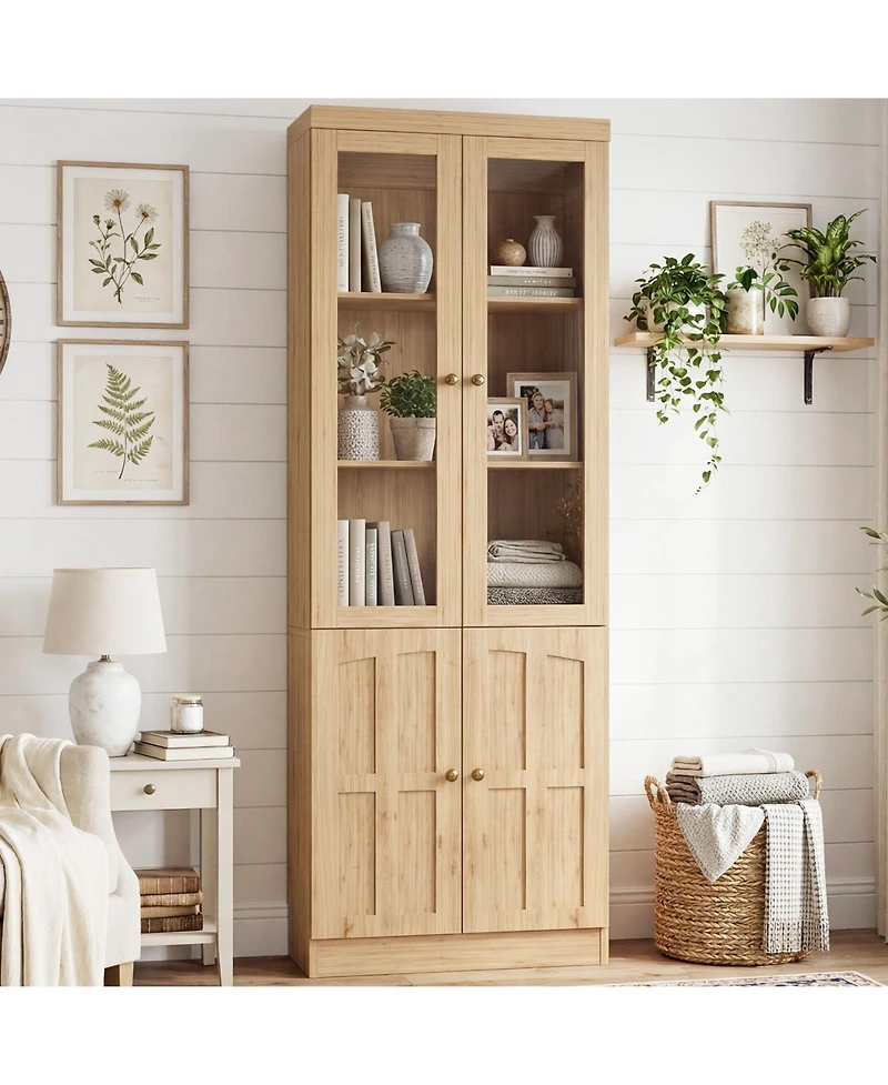 Aheaplus Storage Cabinet with Glass Doors, Wooden Bookcase Shelves