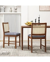 Gymax Rattan Dining Chair Set of 2 w/ Rubber Wood Frame Linen Fabric Padded Seat