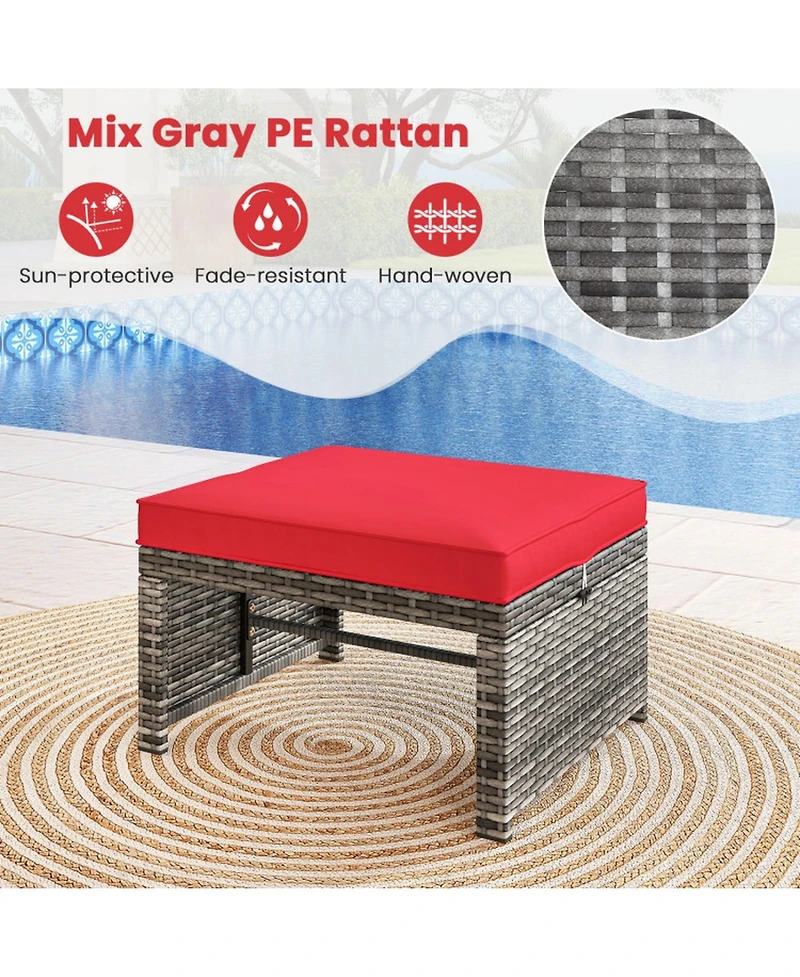 Sugift Set of 2 Patio Rattan Ottomans with Soft Zippered Cushions