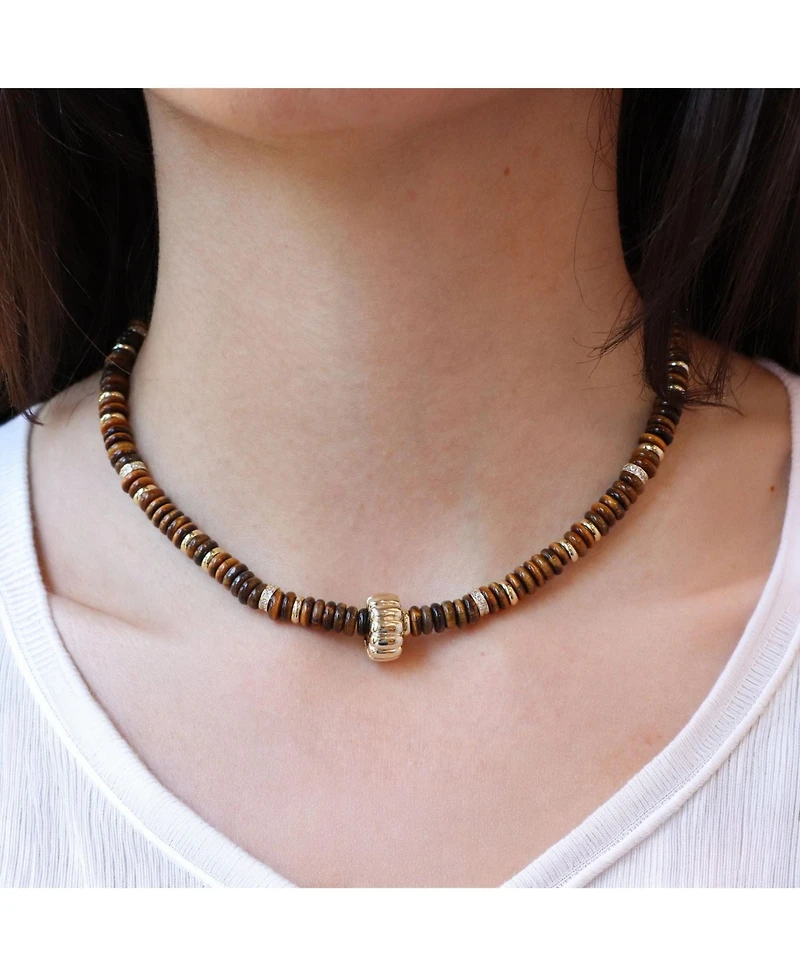 The Lovery Tigers Eye Bead Rondel Necklace 18K Gold Plated Over Brass