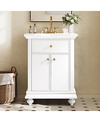 Busdays 24 Inch Modern Bathroom Vanity with Tip Out Drawer Soft Close Hinges Back Open Structure Ball Turned Legs French Elegance