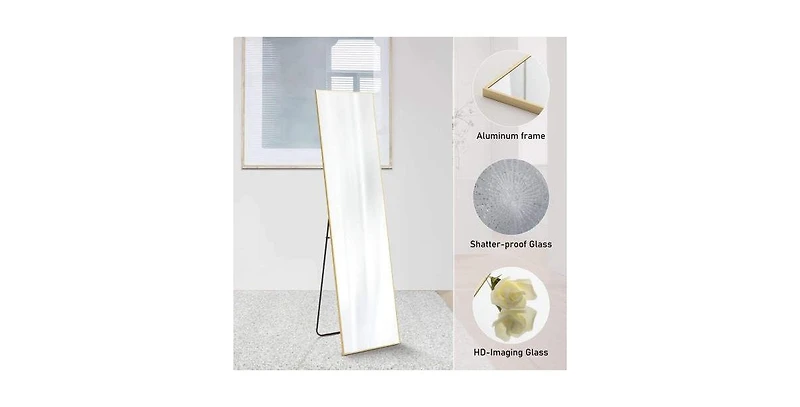 Busdays 21x64 Inch Aluminum Thin Frame Floor Standing Mirror with Stand Wall Mount Option Rectangular
