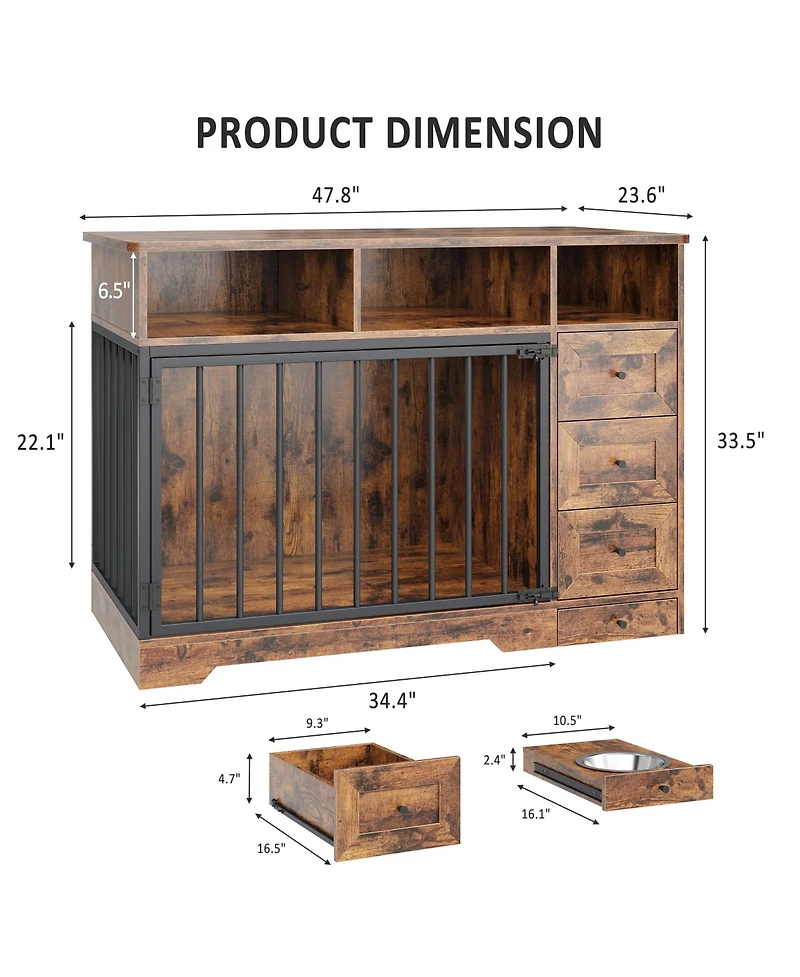 gaomon 48 Inch Large Dog Crate Furniture, Farmhouse Dog Kennel with Dog Bowl, 3 Open Drawers, Heavy Duty Dog Crate Table for Large Medium Dogs