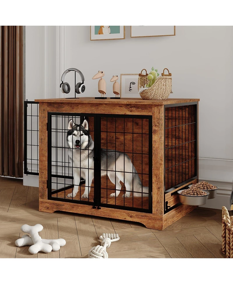 gaomon Heavy Duty Wooden Dog Crate Furniture for Small and Medium Dogs, 38 Inch Indoor Kennel with 360degree(s) Rotating Feeder, Secure Locks