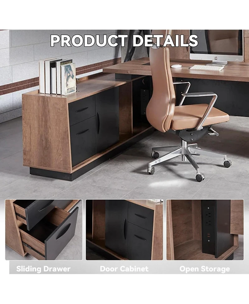logicfox Adjustable Width 70.8 to 78.74IN L Shape Executive Office Desk with Cabinets