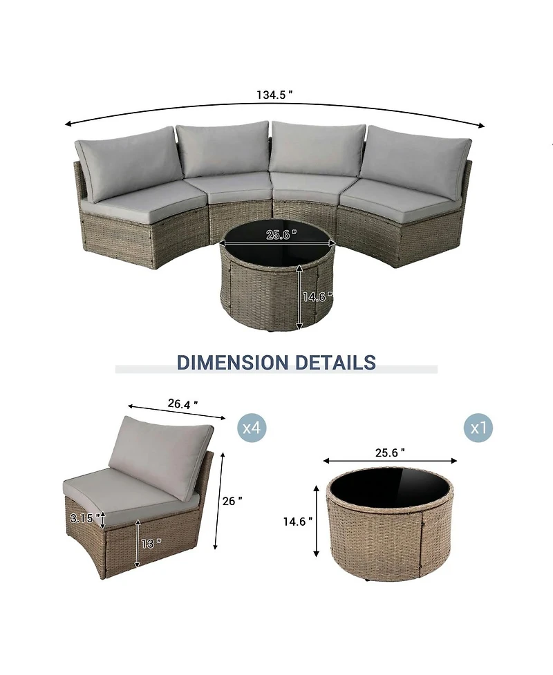 Asagikoiai 5-Piece Half-Moon Wicker Outdoor Patio Sectional Sofa Set with Table