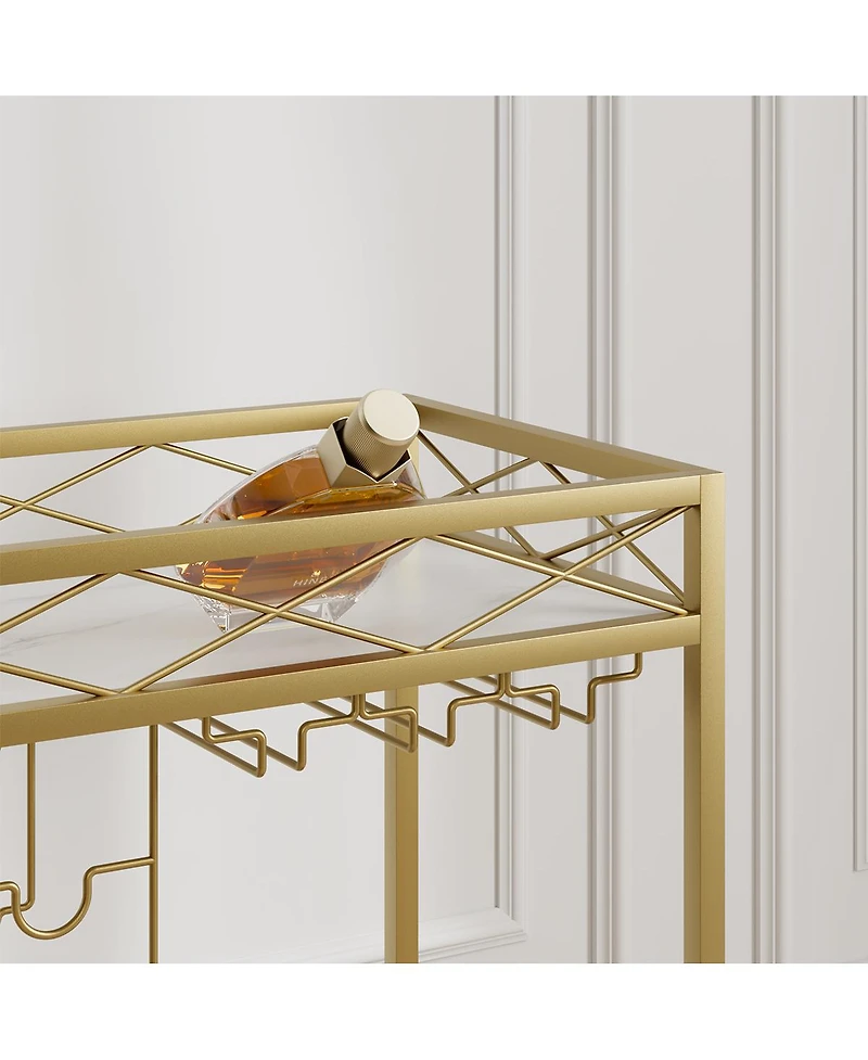 homfan Gold 2-Tier Bar Cart with Wheels, White Marble Finish Shelf, Wine Rack and Glass Holder for Kitchen