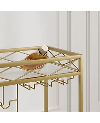 homfan Gold 2-Tier Bar Cart with Wheels, White Marble Finish Shelf, Wine Rack and Glass Holder for Kitchen
