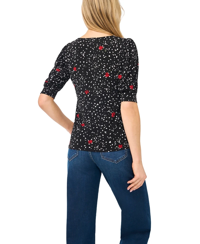 CeCe Women's Printed Scoop Neck Shirred Top