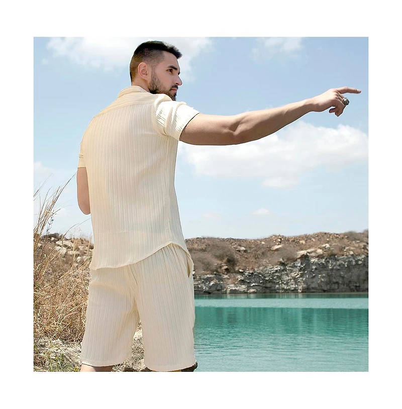 Campus Sutra Men's Pale Yellow Self-Design Striped Co-Ord Set