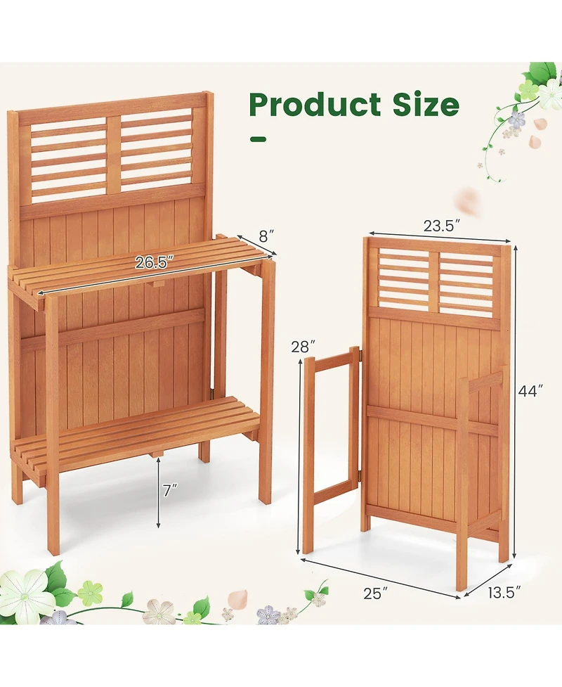 Sugift Folding Garden Potting Bench with 2 Tier Storage Shelves and Teak Oil Finish