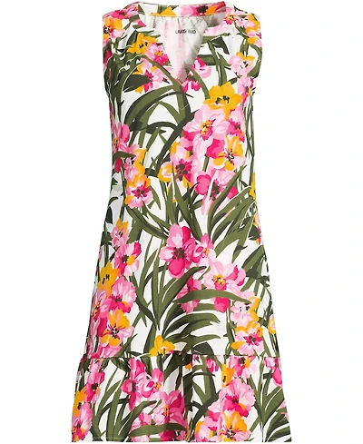 Lands' End Women's Sleeveless Cotton Jersey Notch Neck Flounce Dress