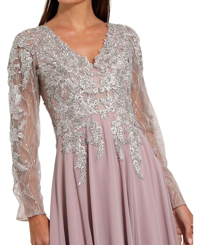 Mac Duggal Women's Embellished Illusion V Neck Long Sleeve Gown
