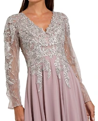 Mac Duggal Women's Embellished Illusion V Neck Long Sleeve Gown