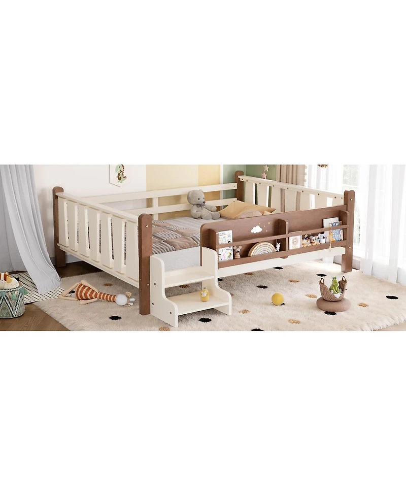 Streamdale Furniture Full Size Floor Bed with Storage Bookcases, Stairs, and Guardrails