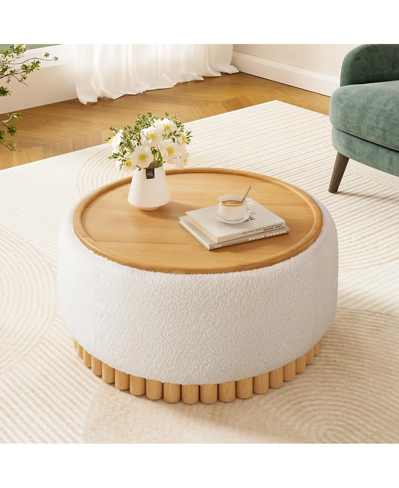 Streamdale Furniture 29" Round Boucle Storage Ottoman with Reversible Lid and Wood Legs