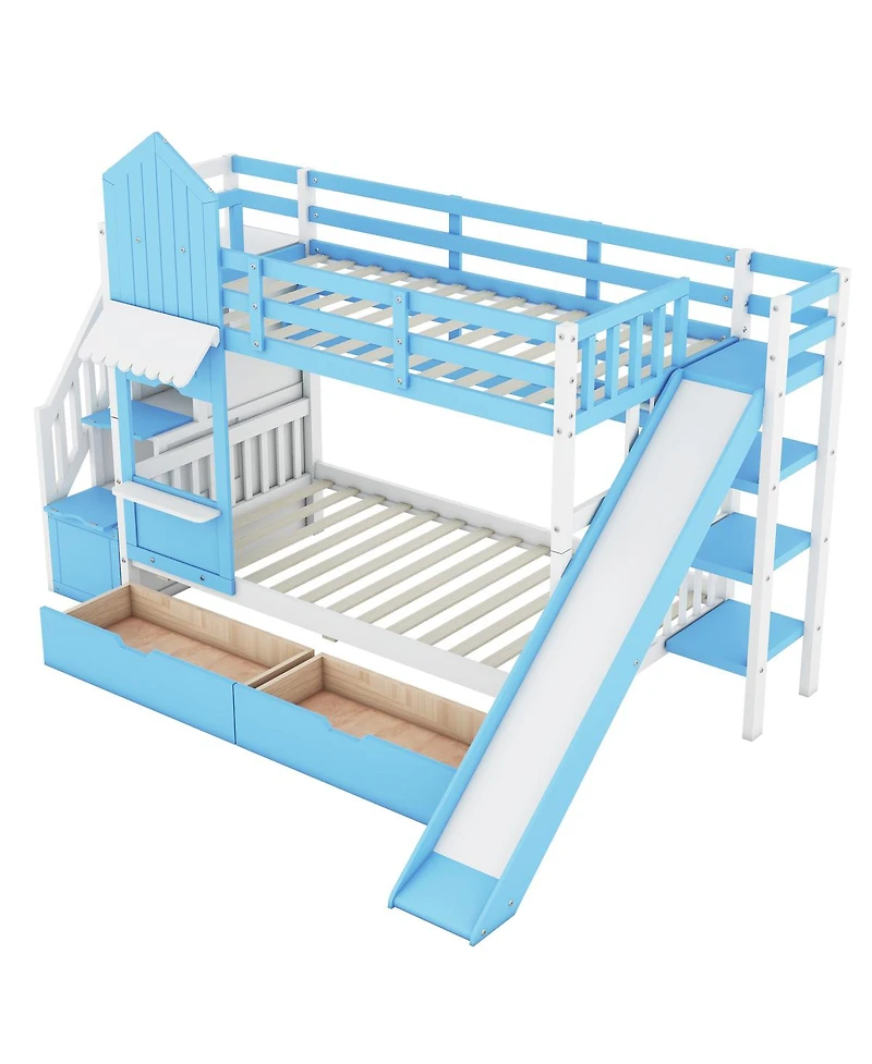 Streamdale Furniture Twin-Over-Twin Castle Style Bunk Bed with 2 Drawers 3 Shelves and Slide
